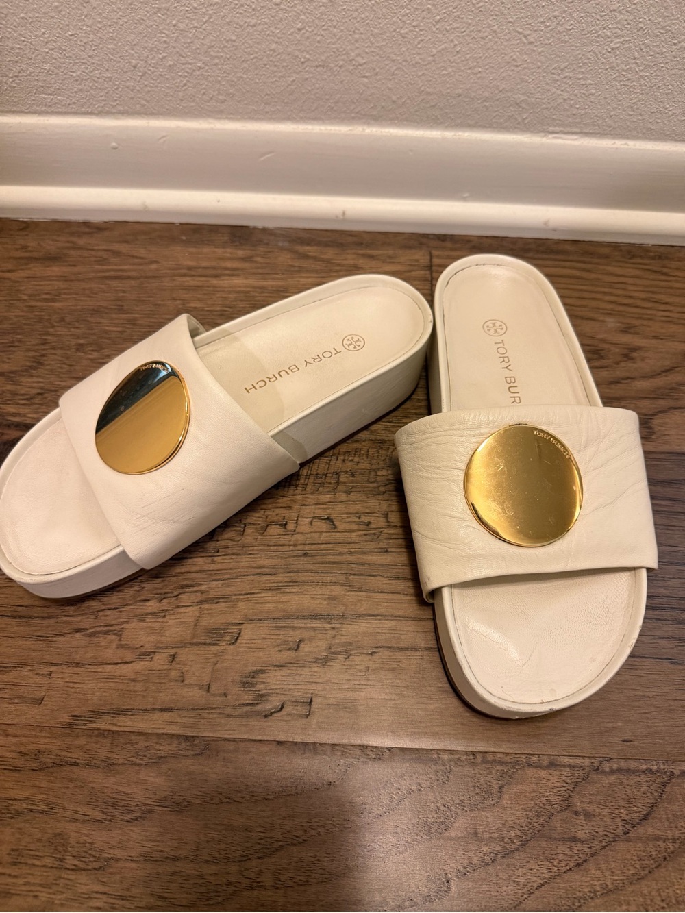 Tory Burch Cream Slide Sandals with Gold Disc